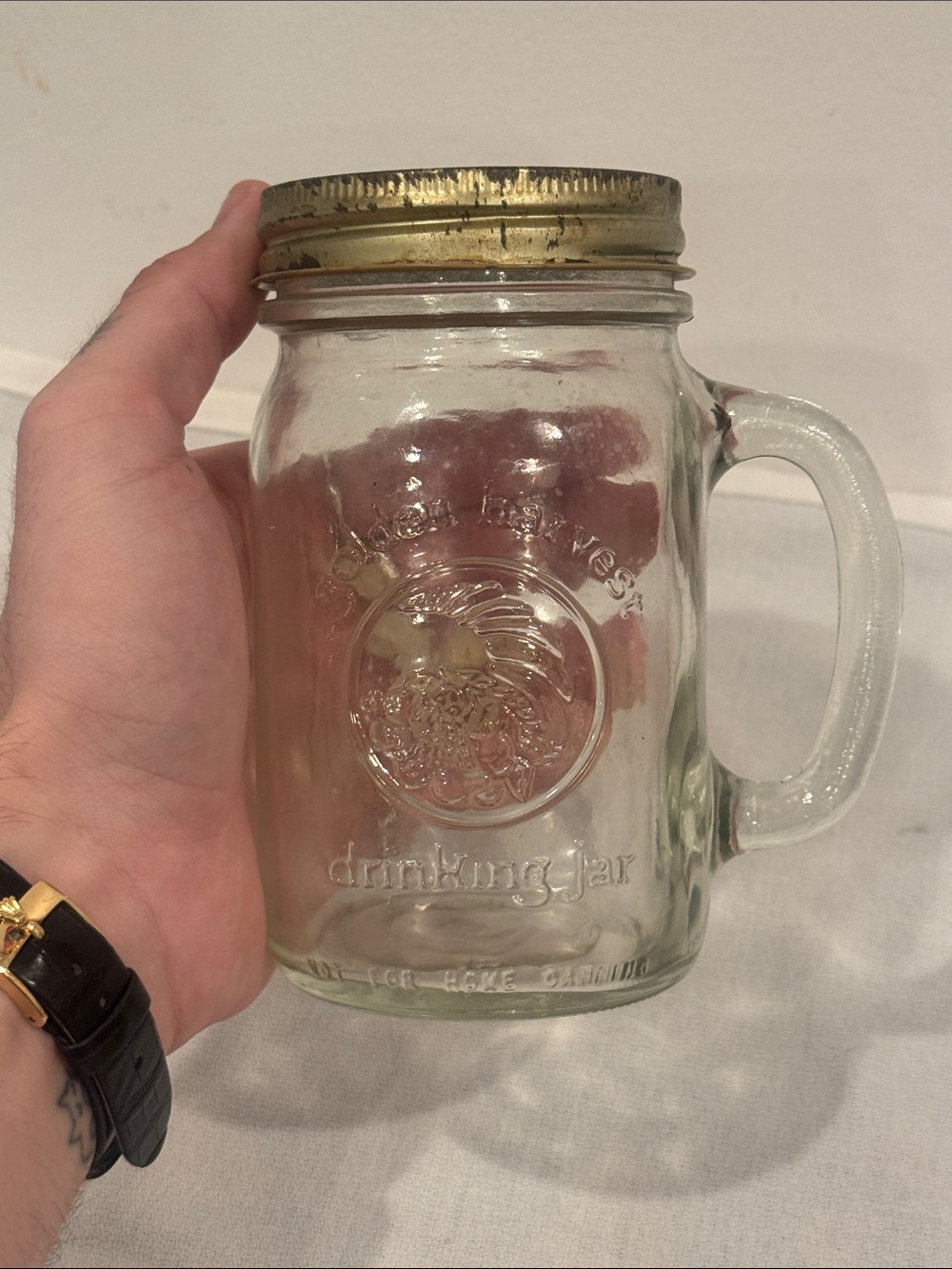 Vintage Golden Harvest Drinking Jar Glass Mason Mug with Handle
